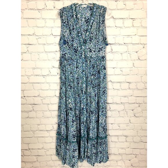 Poupette St Barth Ivy Floral Tiered Maxi Dress Size M Sky Blue Daffodil - Picture 1 of 10